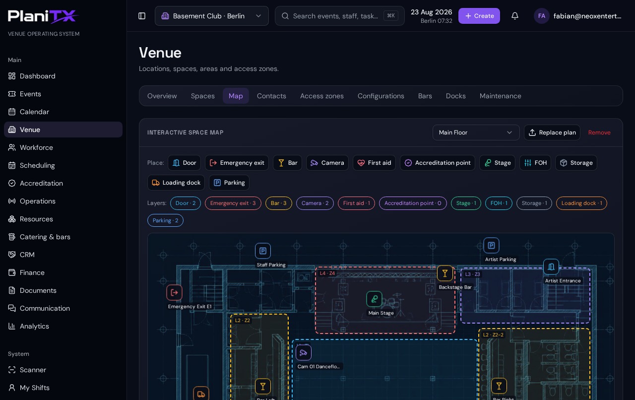PLANITX venue map with floor plan, security zones and operational posts